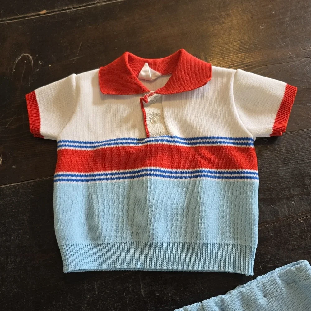 Vintage 60s Toddler Knit Outfit Size One / 12 Mo Sweater Shorts Blue Red‎ Stripe